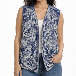 Chicos Womens Vest Blue Tie-Dye Paisley Beaded Embroidery